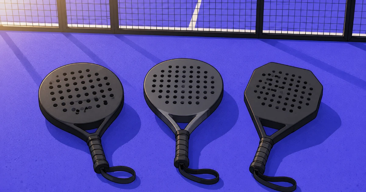 Trois raquettes de padel de formes différentes posées côte à côte sur le sol bleu d'une piste, devant la vitre du fond.